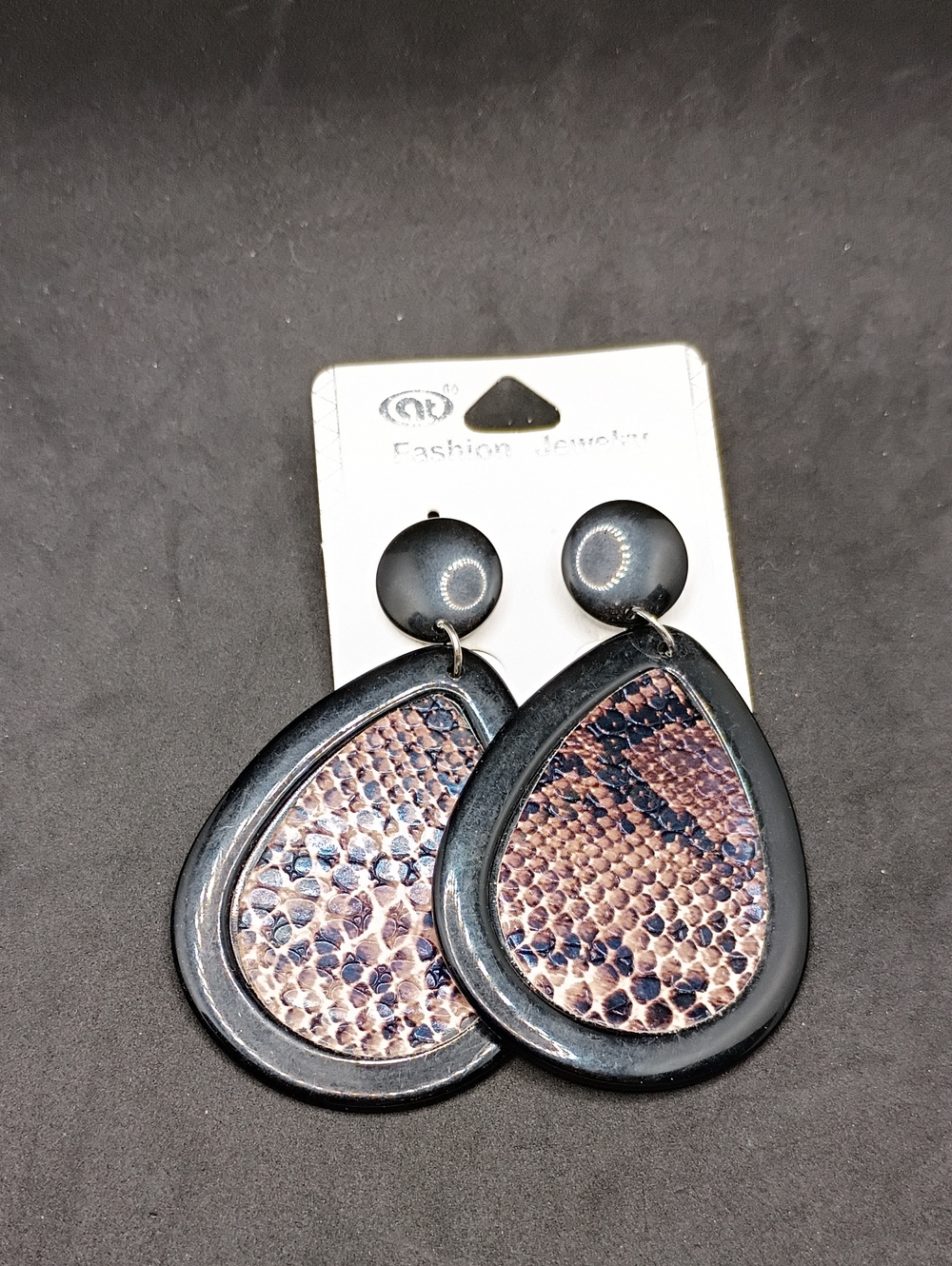 Fashion Jewelry Taupe Snake-Print Teardrop Earrings